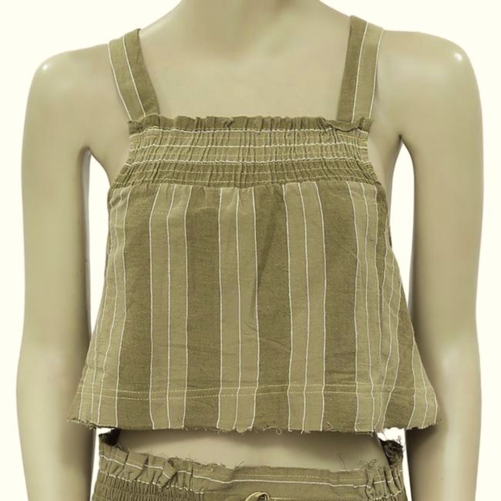 Free People Olive Green Striped Linen Blend Crop Tank Top Blouse - Picture 4 of 10